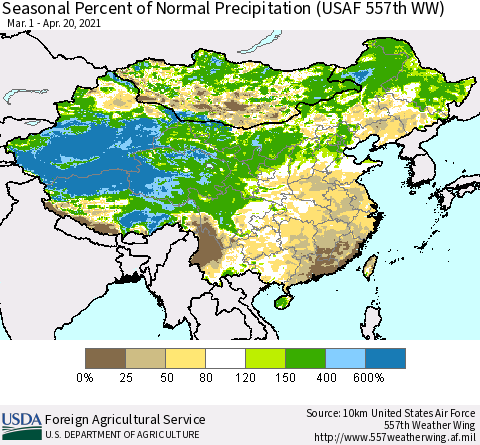 China, Mongolia and Taiwan Seasonal Percent of Normal Precipitation (USAF 557th WW) Thematic Map For 3/1/2021 - 4/20/2021