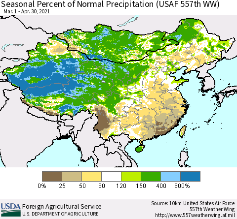 China, Mongolia and Taiwan Seasonal Percent of Normal Precipitation (USAF 557th WW) Thematic Map For 3/1/2021 - 4/30/2021
