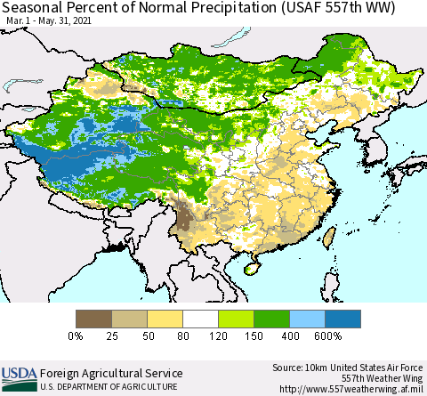 China, Mongolia and Taiwan Seasonal Percent of Normal Precipitation (USAF 557th WW) Thematic Map For 3/1/2021 - 5/31/2021