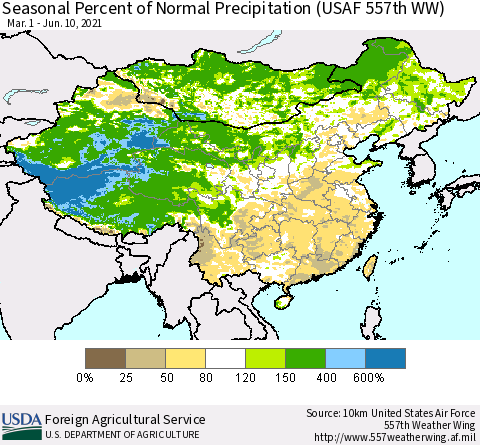 China, Mongolia and Taiwan Seasonal Percent of Normal Precipitation (USAF 557th WW) Thematic Map For 3/1/2021 - 6/10/2021