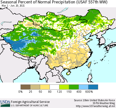 China, Mongolia and Taiwan Seasonal Percent of Normal Precipitation (USAF 557th WW) Thematic Map For 3/1/2021 - 6/20/2021