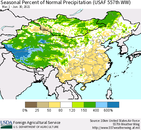 China, Mongolia and Taiwan Seasonal Percent of Normal Precipitation (USAF 557th WW) Thematic Map For 3/1/2021 - 6/30/2021