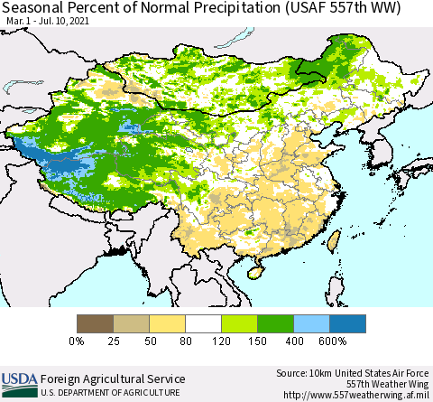 China, Mongolia and Taiwan Seasonal Percent of Normal Precipitation (USAF 557th WW) Thematic Map For 3/1/2021 - 7/10/2021