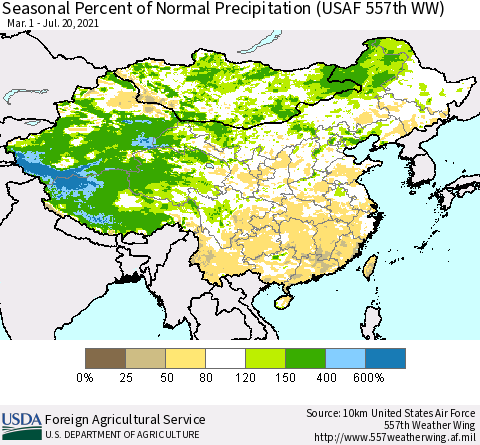 China, Mongolia and Taiwan Seasonal Percent of Normal Precipitation (USAF 557th WW) Thematic Map For 3/1/2021 - 7/20/2021