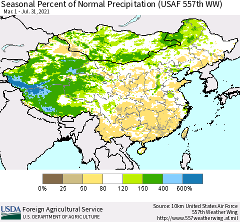 China, Mongolia and Taiwan Seasonal Percent of Normal Precipitation (USAF 557th WW) Thematic Map For 3/1/2021 - 7/31/2021