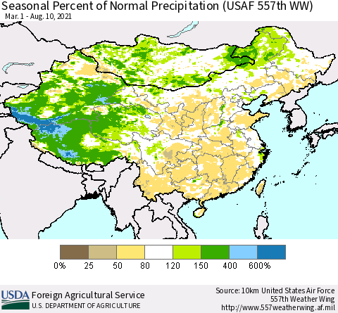 China, Mongolia and Taiwan Seasonal Percent of Normal Precipitation (USAF 557th WW) Thematic Map For 3/1/2021 - 8/10/2021