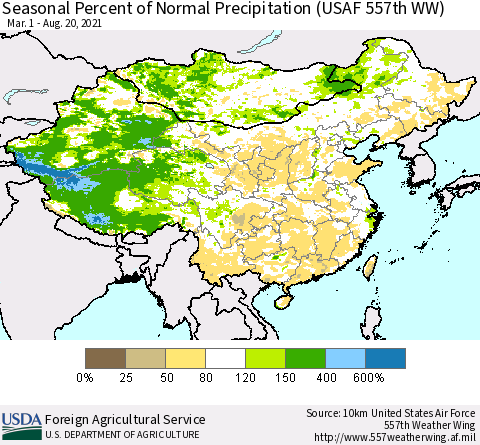 China, Mongolia and Taiwan Seasonal Percent of Normal Precipitation (USAF 557th WW) Thematic Map For 3/1/2021 - 8/20/2021