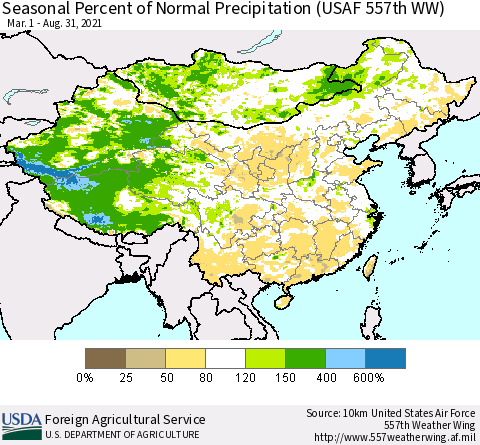China, Mongolia and Taiwan Seasonal Percent of Normal Precipitation (USAF 557th WW) Thematic Map For 3/1/2021 - 8/31/2021