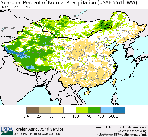 China, Mongolia and Taiwan Seasonal Percent of Normal Precipitation (USAF 557th WW) Thematic Map For 3/1/2021 - 9/10/2021