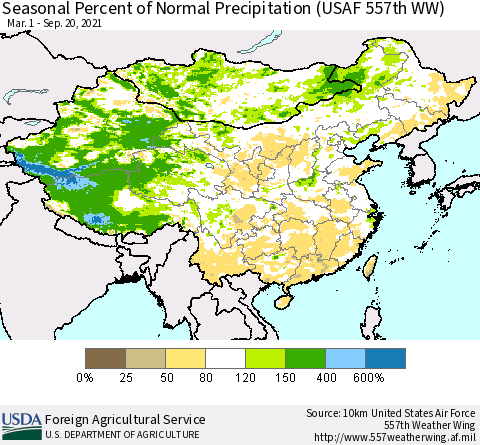 China, Mongolia and Taiwan Seasonal Percent of Normal Precipitation (USAF 557th WW) Thematic Map For 3/1/2021 - 9/20/2021