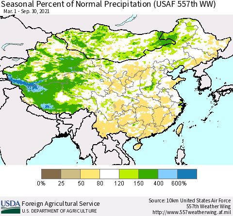 China, Mongolia and Taiwan Seasonal Percent of Normal Precipitation (USAF 557th WW) Thematic Map For 3/1/2021 - 9/30/2021