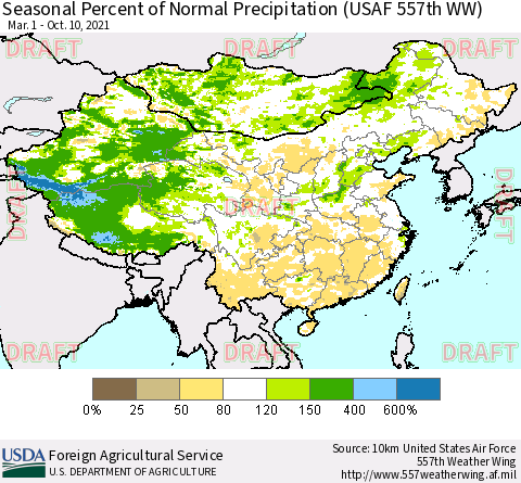 China, Mongolia and Taiwan Seasonal Percent of Normal Precipitation (USAF 557th WW) Thematic Map For 3/1/2021 - 10/10/2021