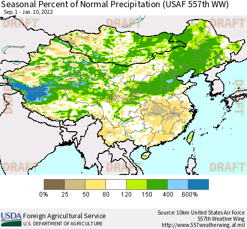China, Mongolia and Taiwan Seasonal Percent of Normal Precipitation (USAF 557th WW) Thematic Map For 9/1/2021 - 1/10/2022