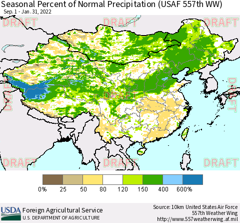 China, Mongolia and Taiwan Seasonal Percent of Normal Precipitation (USAF 557th WW) Thematic Map For 9/1/2021 - 1/31/2022