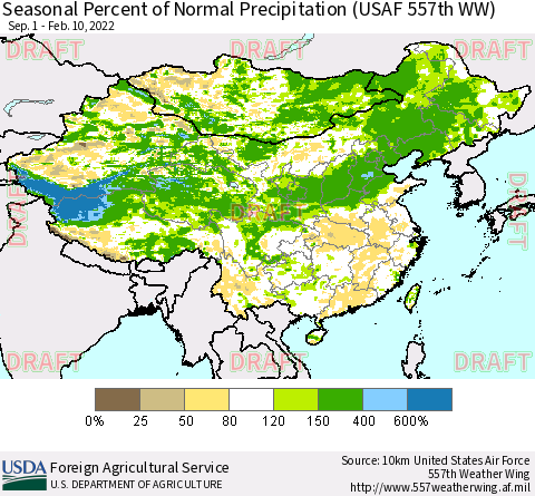 China, Mongolia and Taiwan Seasonal Percent of Normal Precipitation (USAF 557th WW) Thematic Map For 9/1/2021 - 2/10/2022