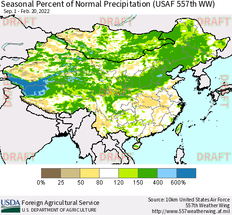 China, Mongolia and Taiwan Seasonal Percent of Normal Precipitation (USAF 557th WW) Thematic Map For 9/1/2021 - 2/20/2022