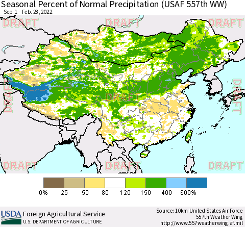 China, Mongolia and Taiwan Seasonal Percent of Normal Precipitation (USAF 557th WW) Thematic Map For 9/1/2021 - 2/28/2022