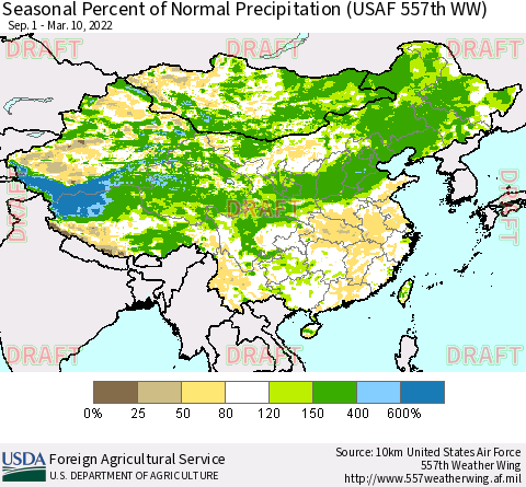 China, Mongolia and Taiwan Seasonal Percent of Normal Precipitation (USAF 557th WW) Thematic Map For 9/1/2021 - 3/10/2022