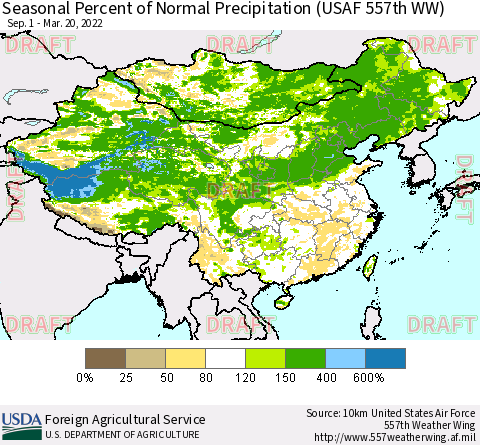 China, Mongolia and Taiwan Seasonal Percent of Normal Precipitation (USAF 557th WW) Thematic Map For 9/1/2021 - 3/20/2022