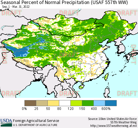 China, Mongolia and Taiwan Seasonal Percent of Normal Precipitation (USAF 557th WW) Thematic Map For 9/1/2021 - 3/31/2022