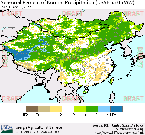 China, Mongolia and Taiwan Seasonal Percent of Normal Precipitation (USAF 557th WW) Thematic Map For 9/1/2021 - 4/10/2022