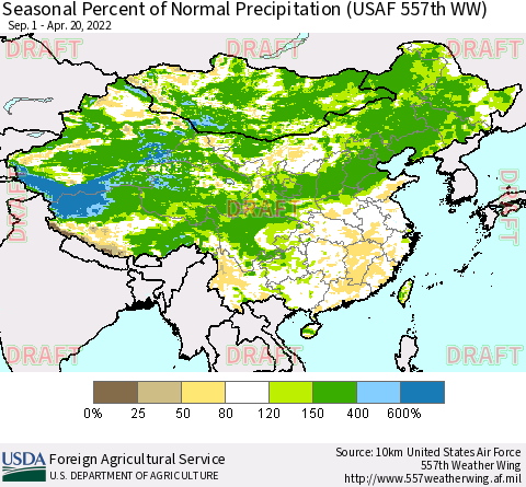 China, Mongolia and Taiwan Seasonal Percent of Normal Precipitation (USAF 557th WW) Thematic Map For 9/1/2021 - 4/20/2022