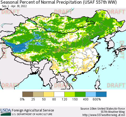 China, Mongolia and Taiwan Seasonal Percent of Normal Precipitation (USAF 557th WW) Thematic Map For 9/1/2021 - 4/30/2022