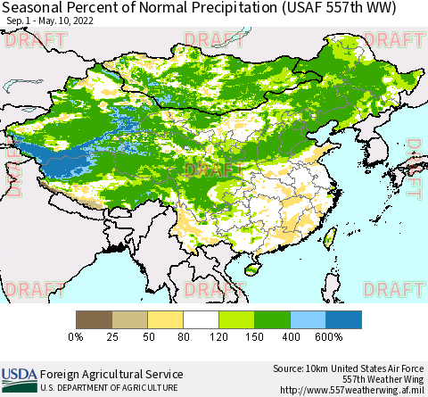 China, Mongolia and Taiwan Seasonal Percent of Normal Precipitation (USAF 557th WW) Thematic Map For 9/1/2021 - 5/10/2022