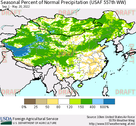 China, Mongolia and Taiwan Seasonal Percent of Normal Precipitation (USAF 557th WW) Thematic Map For 9/1/2021 - 5/20/2022