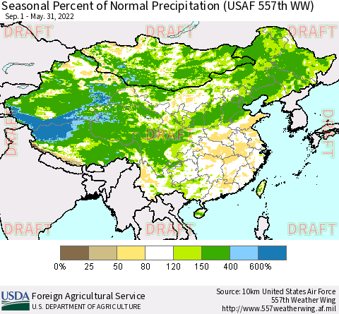 China, Mongolia and Taiwan Seasonal Percent of Normal Precipitation (USAF 557th WW) Thematic Map For 9/1/2021 - 5/31/2022