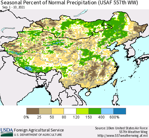 China, Mongolia and Taiwan Seasonal Percent of Normal Precipitation (USAF 557th WW) Thematic Map For 9/1/2021 - 9/10/2021