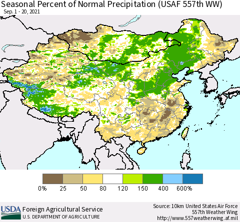 China, Mongolia and Taiwan Seasonal Percent of Normal Precipitation (USAF 557th WW) Thematic Map For 9/1/2021 - 9/20/2021