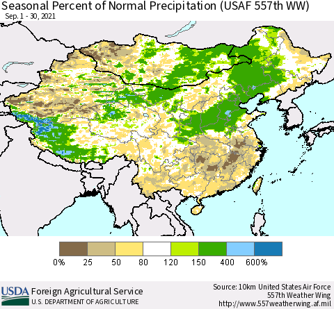 China, Mongolia and Taiwan Seasonal Percent of Normal Precipitation (USAF 557th WW) Thematic Map For 9/1/2021 - 9/30/2021