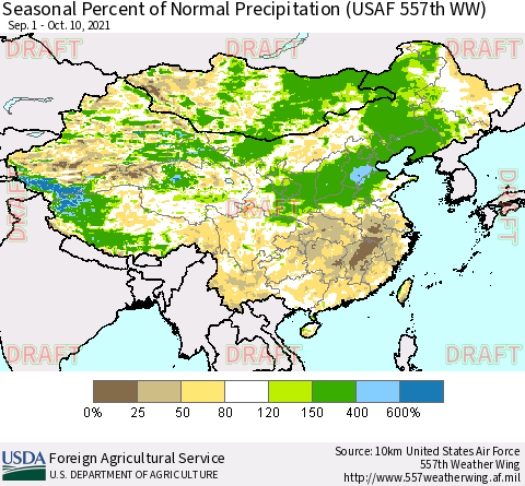 China, Mongolia and Taiwan Seasonal Percent of Normal Precipitation (USAF 557th WW) Thematic Map For 9/1/2021 - 10/10/2021