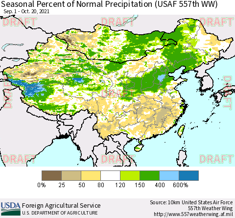 China, Mongolia and Taiwan Seasonal Percent of Normal Precipitation (USAF 557th WW) Thematic Map For 9/1/2021 - 10/20/2021