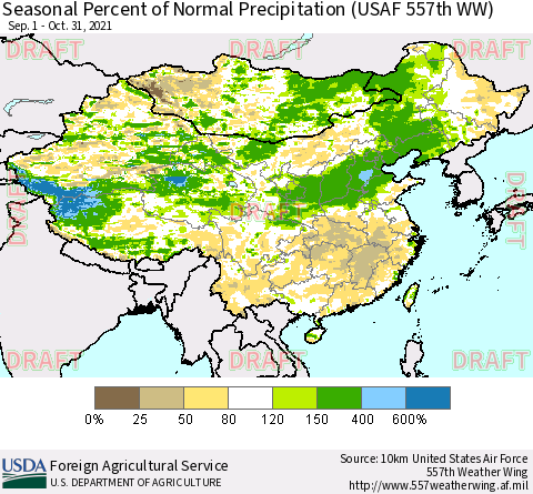 China, Mongolia and Taiwan Seasonal Percent of Normal Precipitation (USAF 557th WW) Thematic Map For 9/1/2021 - 10/31/2021