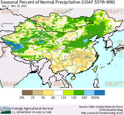 China, Mongolia and Taiwan Seasonal Percent of Normal Precipitation (USAF 557th WW) Thematic Map For 9/1/2021 - 11/10/2021