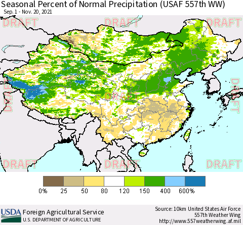 China, Mongolia and Taiwan Seasonal Percent of Normal Precipitation (USAF 557th WW) Thematic Map For 9/1/2021 - 11/20/2021