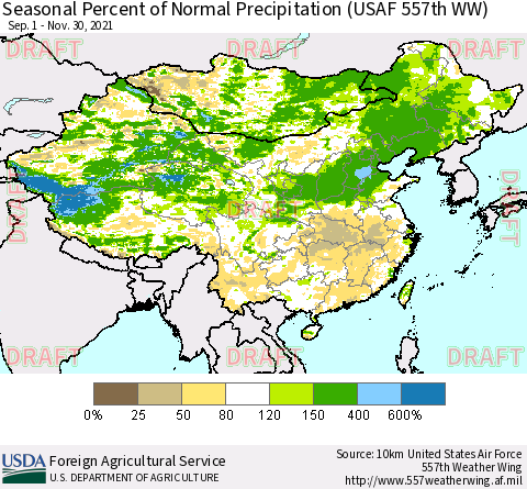 China, Mongolia and Taiwan Seasonal Percent of Normal Precipitation (USAF 557th WW) Thematic Map For 9/1/2021 - 11/30/2021