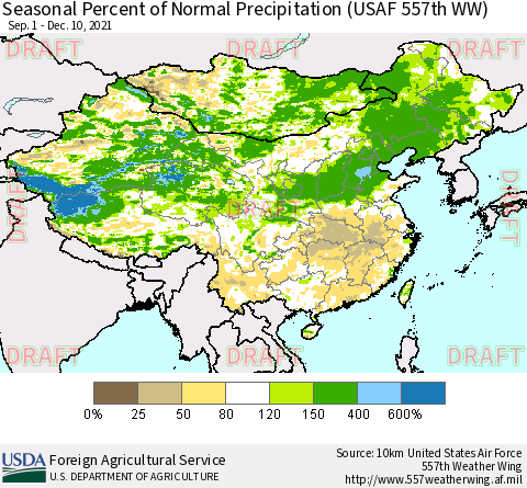 China, Mongolia and Taiwan Seasonal Percent of Normal Precipitation (USAF 557th WW) Thematic Map For 9/1/2021 - 12/10/2021