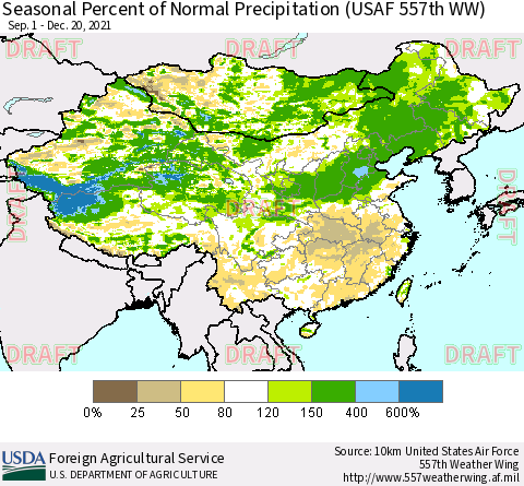China, Mongolia and Taiwan Seasonal Percent of Normal Precipitation (USAF 557th WW) Thematic Map For 9/1/2021 - 12/20/2021