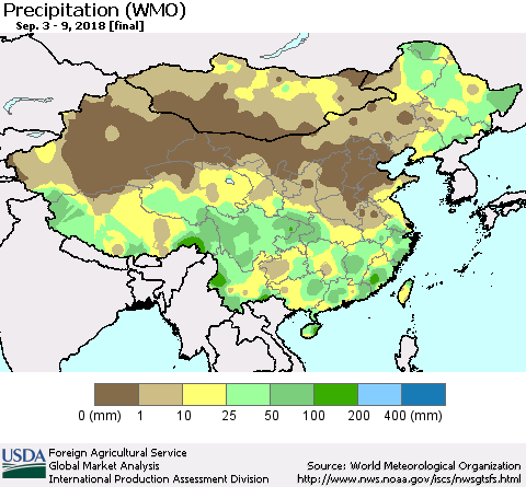 China, Mongolia and Taiwan Precipitation (WMO) Thematic Map For 9/3/2018 - 9/9/2018