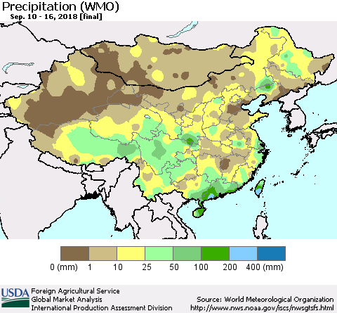 China, Mongolia and Taiwan Precipitation (WMO) Thematic Map For 9/10/2018 - 9/16/2018