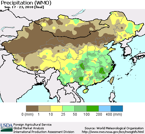 China, Mongolia and Taiwan Precipitation (WMO) Thematic Map For 9/17/2018 - 9/23/2018