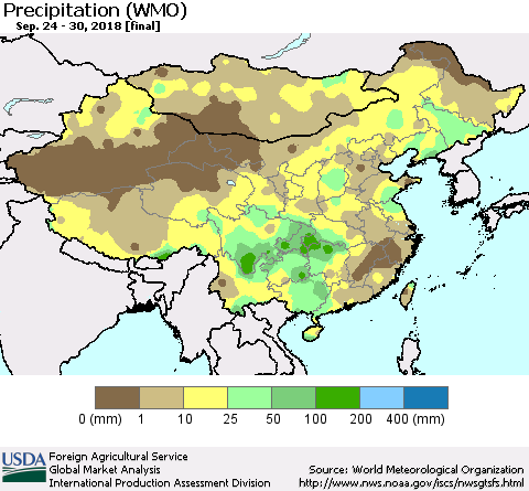 China, Mongolia and Taiwan Precipitation (WMO) Thematic Map For 9/24/2018 - 9/30/2018