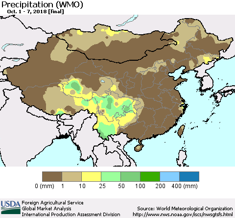 China, Mongolia and Taiwan Precipitation (WMO) Thematic Map For 10/1/2018 - 10/7/2018