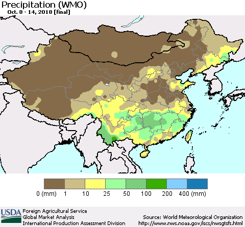 China, Mongolia and Taiwan Precipitation (WMO) Thematic Map For 10/8/2018 - 10/14/2018