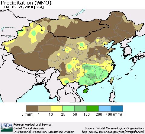 China, Mongolia and Taiwan Precipitation (WMO) Thematic Map For 10/15/2018 - 10/21/2018