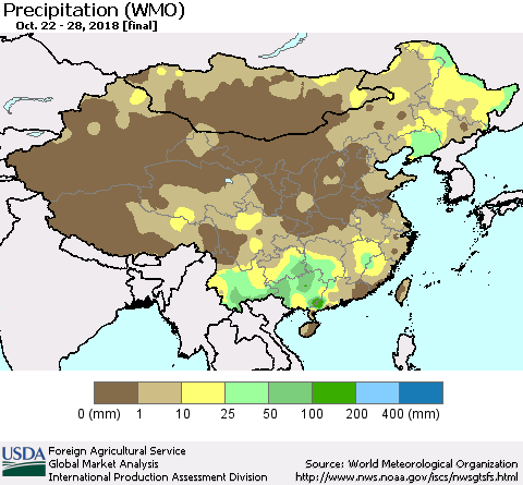 China, Mongolia and Taiwan Precipitation (WMO) Thematic Map For 10/22/2018 - 10/28/2018