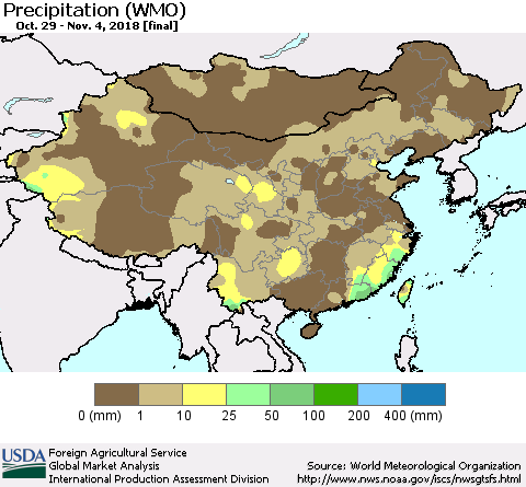 China, Mongolia and Taiwan Precipitation (WMO) Thematic Map For 10/29/2018 - 11/4/2018